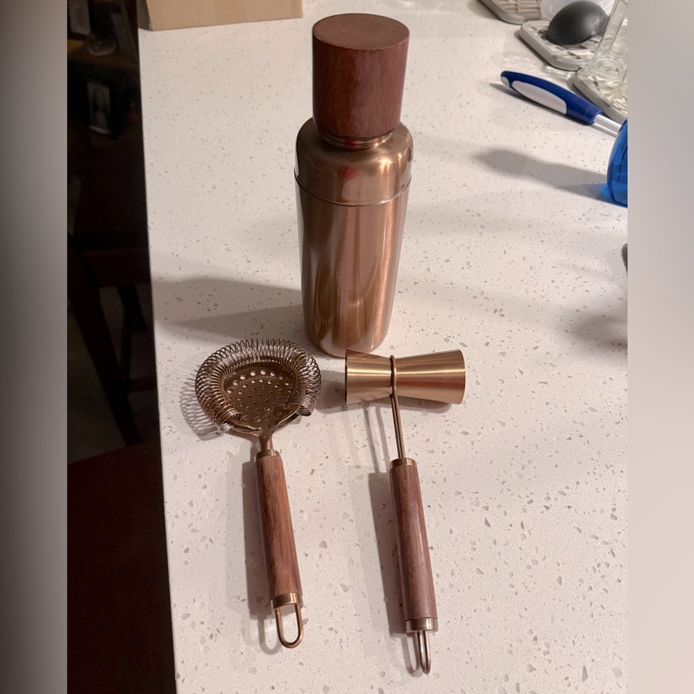 World Market Copper and Wood Bar Tool Set